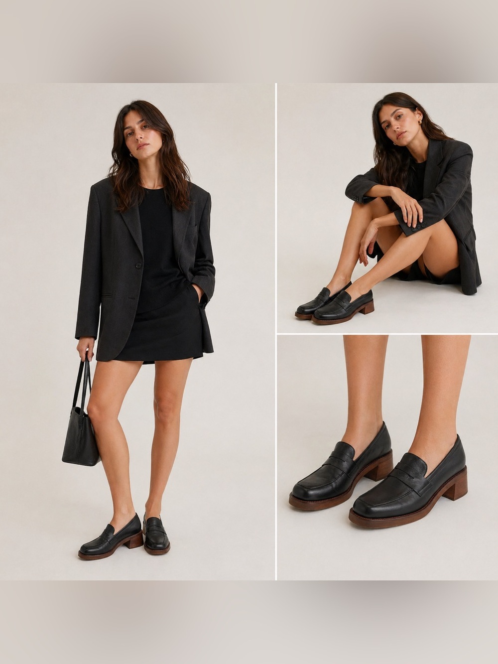 Alohas Roxanne Black Leather Chunky Heel Penny Loafers Square Toe Slip-On SZ 41